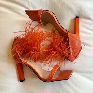 Faux Leather Feather Strappy Orange Heels